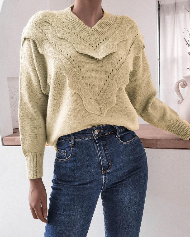 

Wave Trim Hollow Out Knit Sweater, Yellow