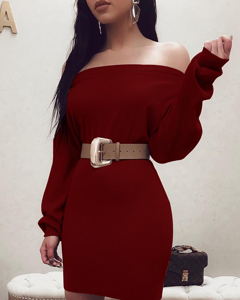 

Solid Off Shoulder Long Sleeve OL Dress, Wine red