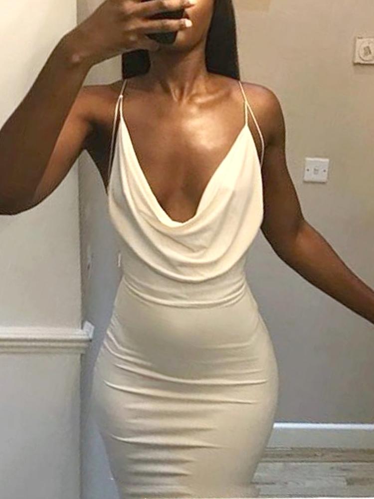 

Sexy Cowl Neck Backless Solid Color Bodycon Dress, White