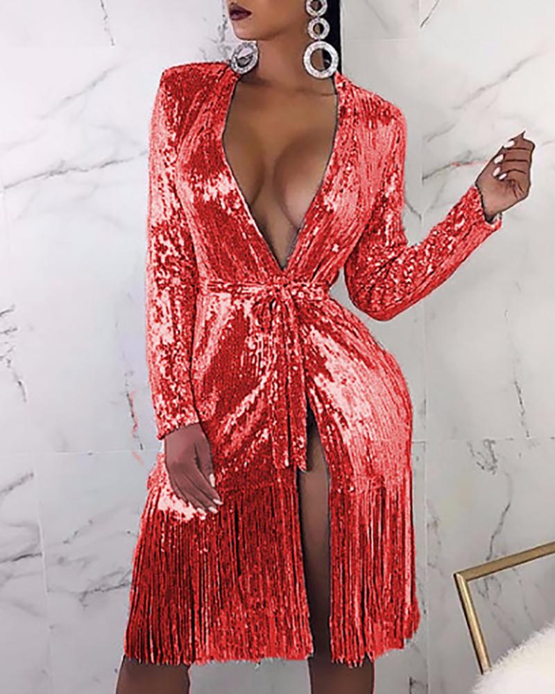 

Tassel Design Sequin Party Dress, Red
