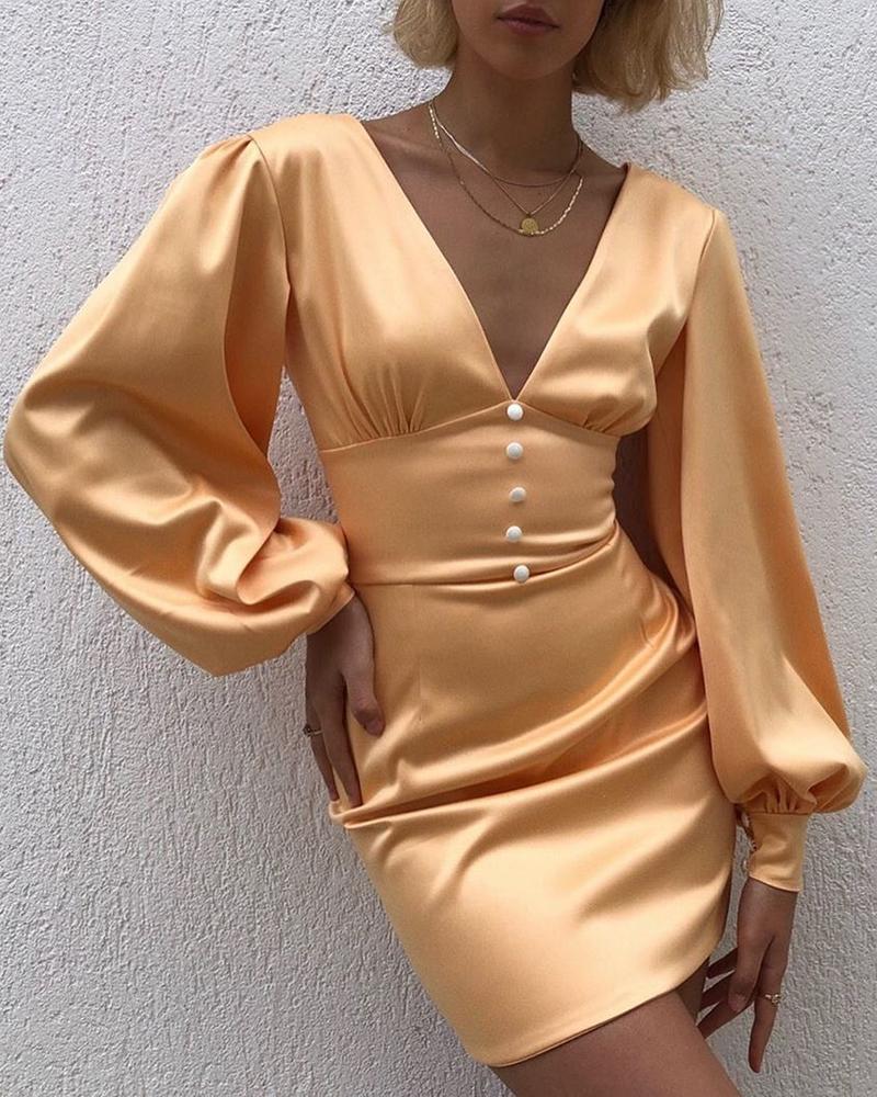 

Lantern Sleeve Buttoned Bodycon Dress, Dark yellow