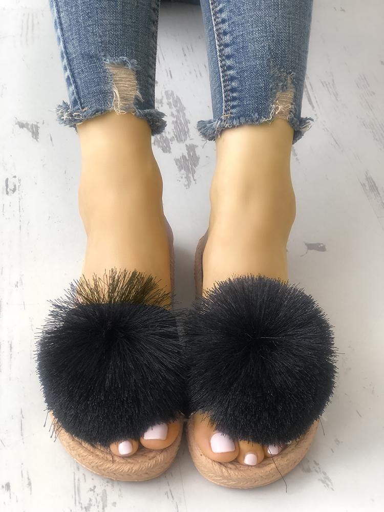 

Fluffy Ball Embellished Flat Sandals, Black