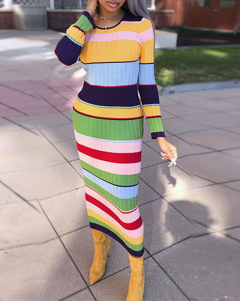 

Colorblock Insert Striped Ribbed Dress, Multicolor