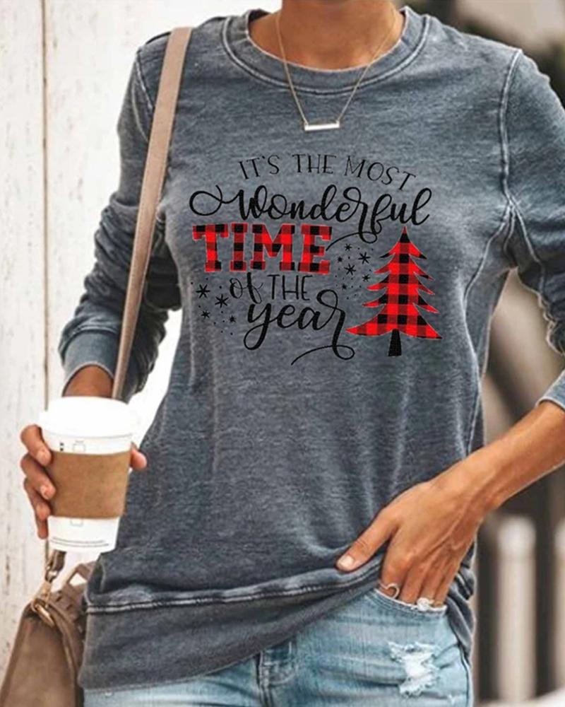 

Christmas Tree Letter Print Casual Sweatshirt, Gray