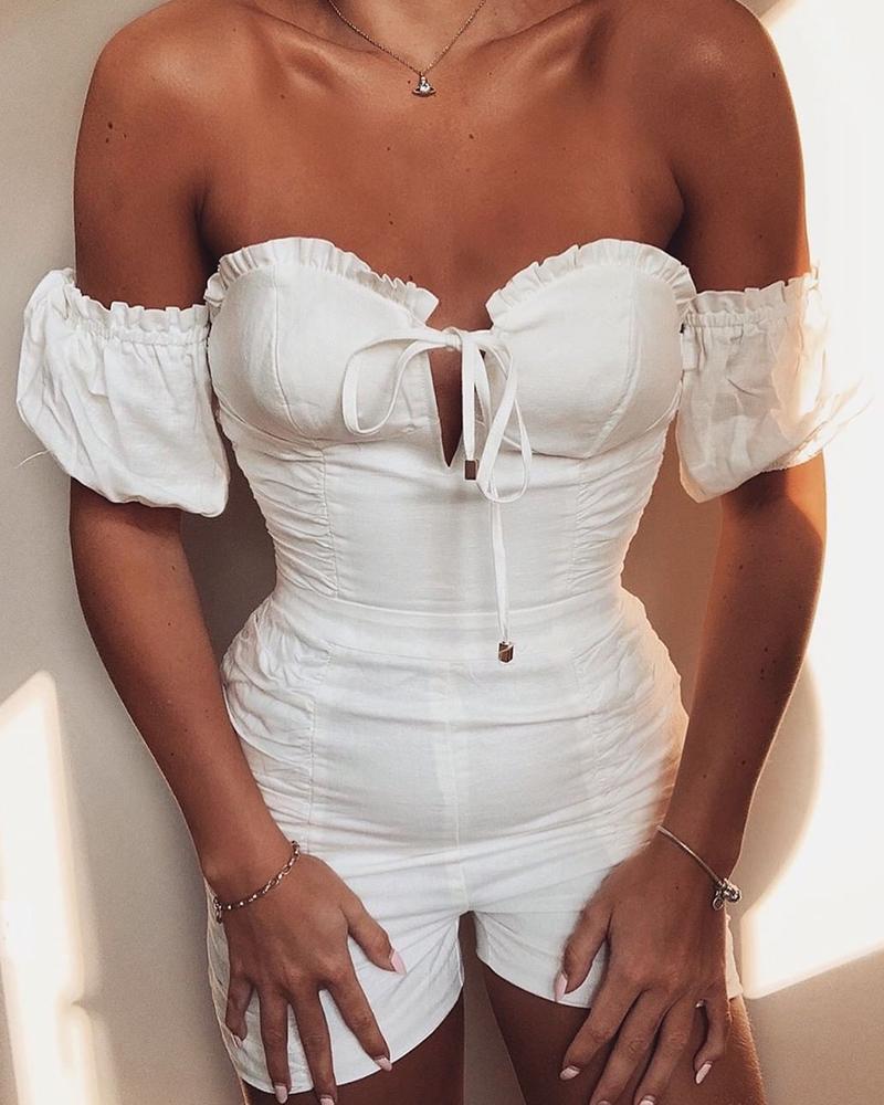 

Off Shoulder Ruffle Trim Romper, White