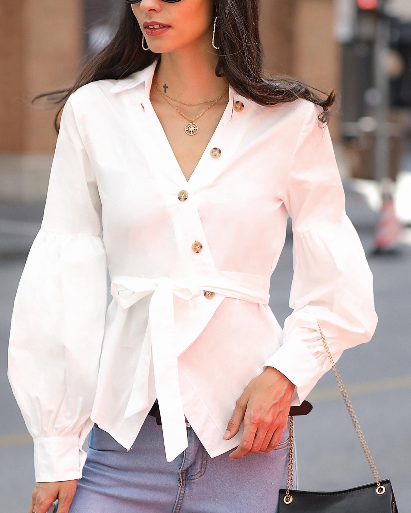 

Bottoned Surplice Wrap Lantern Cuff Shirt, White