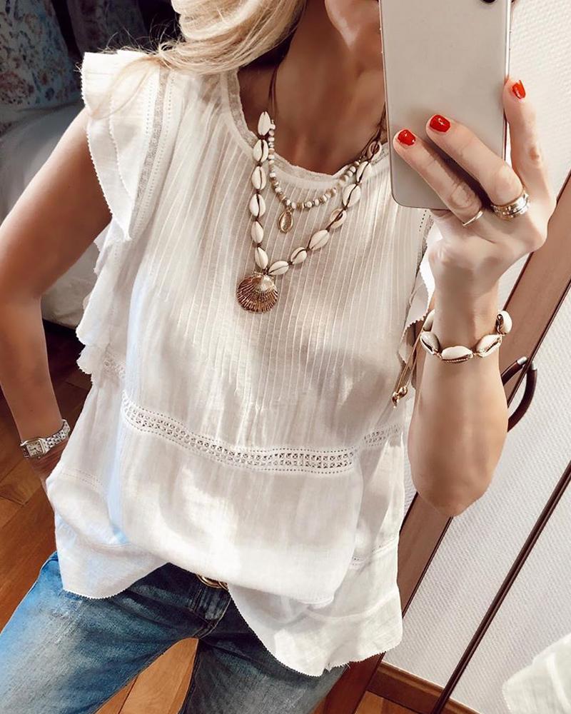 

Fluffy Sleeve Hollow Out Casual Blouse, White