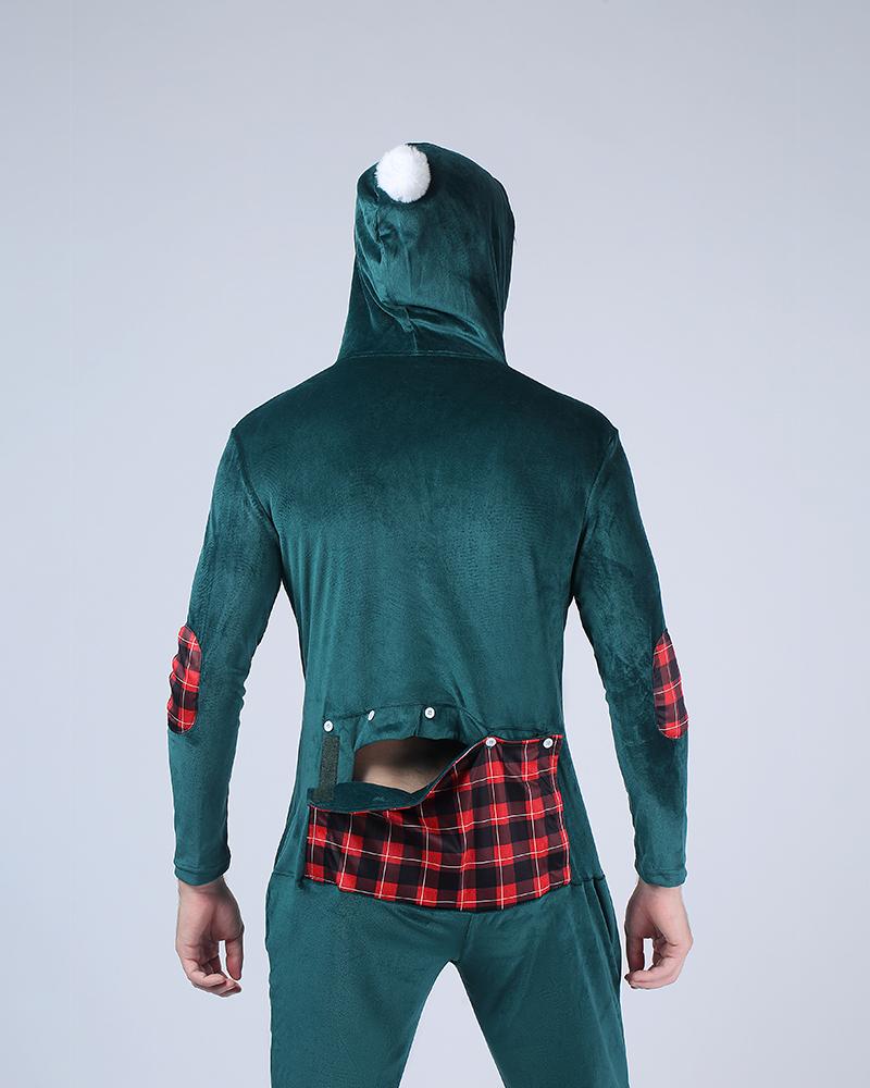 

Christmas Plaid Patch Long Sleeve Hoodies Jumpsuit Sleepwear, Green