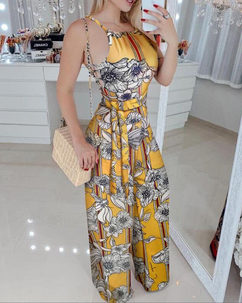 

Tropical Print Spaghetti Strap Jumpsuit, Yellow