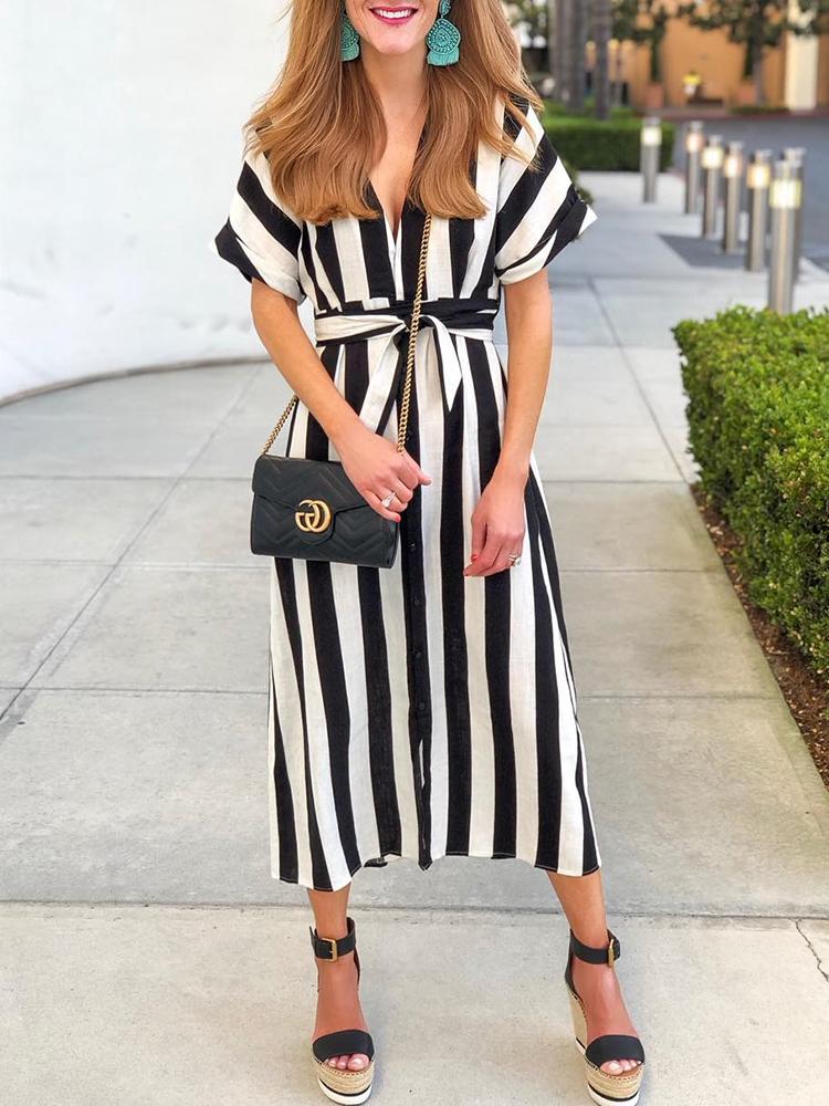 

Stripes Roll-up Sleeve Belted Shirt Dress