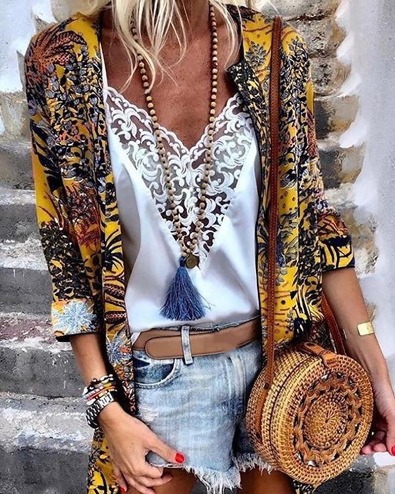 

Botanial Print Long Sleeve Coat, Yellow
