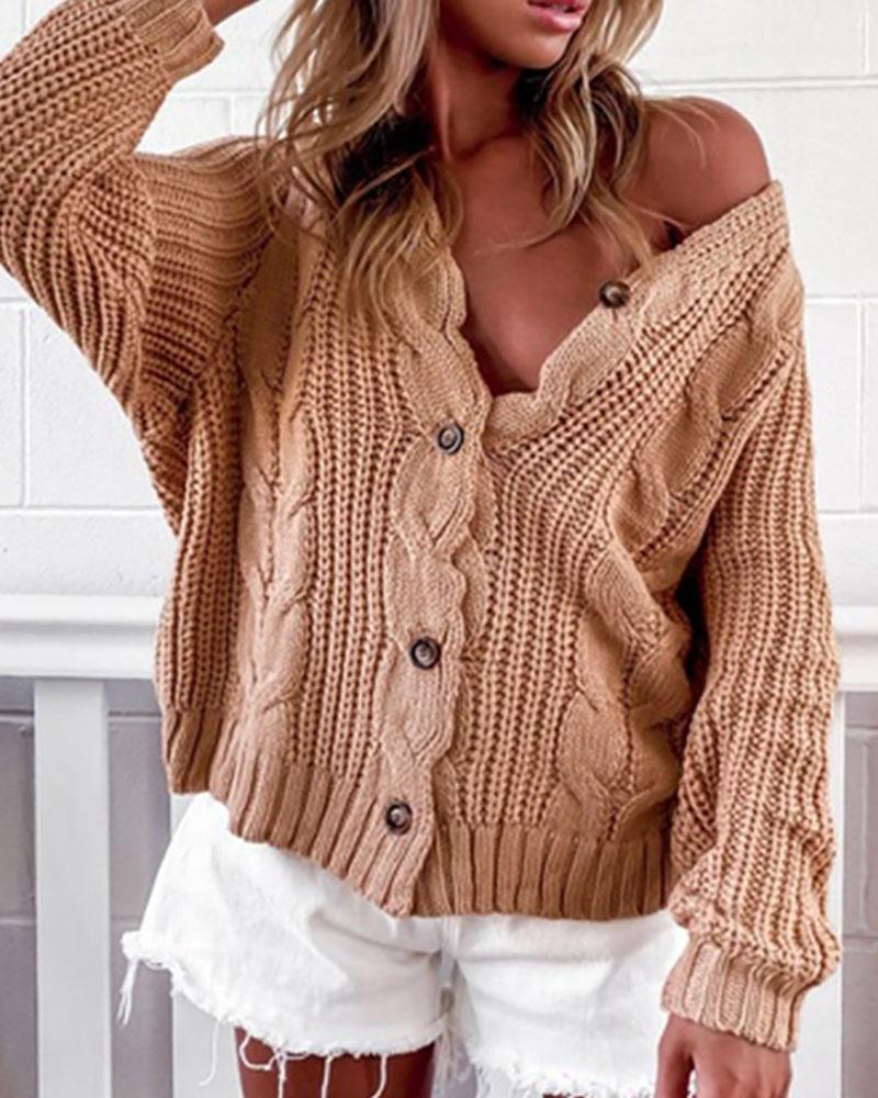 

Buttoned Long Sleeve Knit Casual Sweater, Khaki