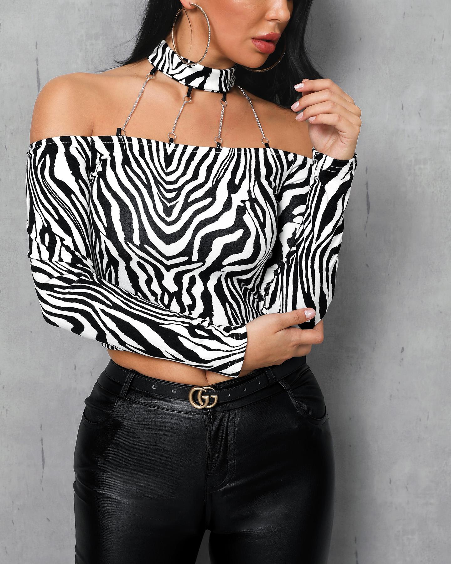 

Halter Chain Design Zebra Print Blouse