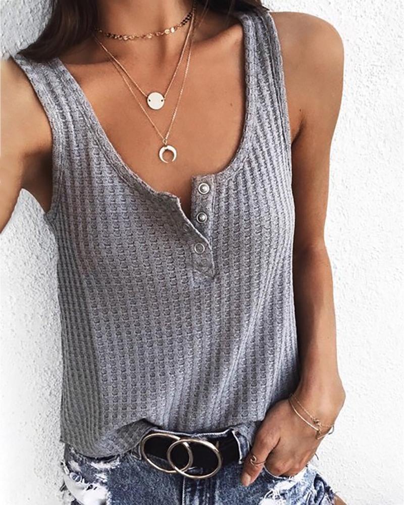 

Half Button Solid Casual Tank Top, Gray