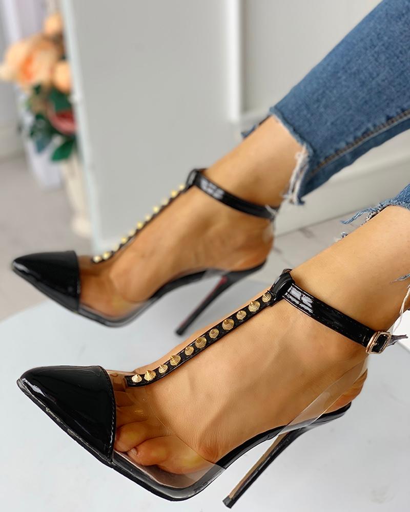

Rivet Pointed Toe Transparent Thin Heels, Black