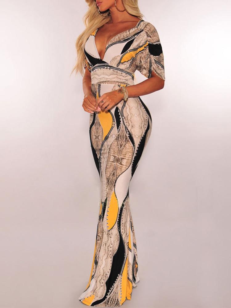 

Slinky Digital Print Ruched Sleeve Maxi Dress