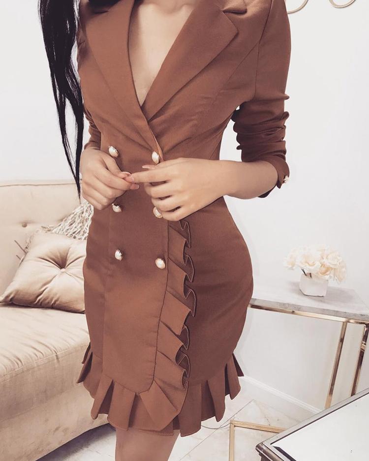 

Double-Breasted Ruffle Trim Blazer Dress, Coffee
