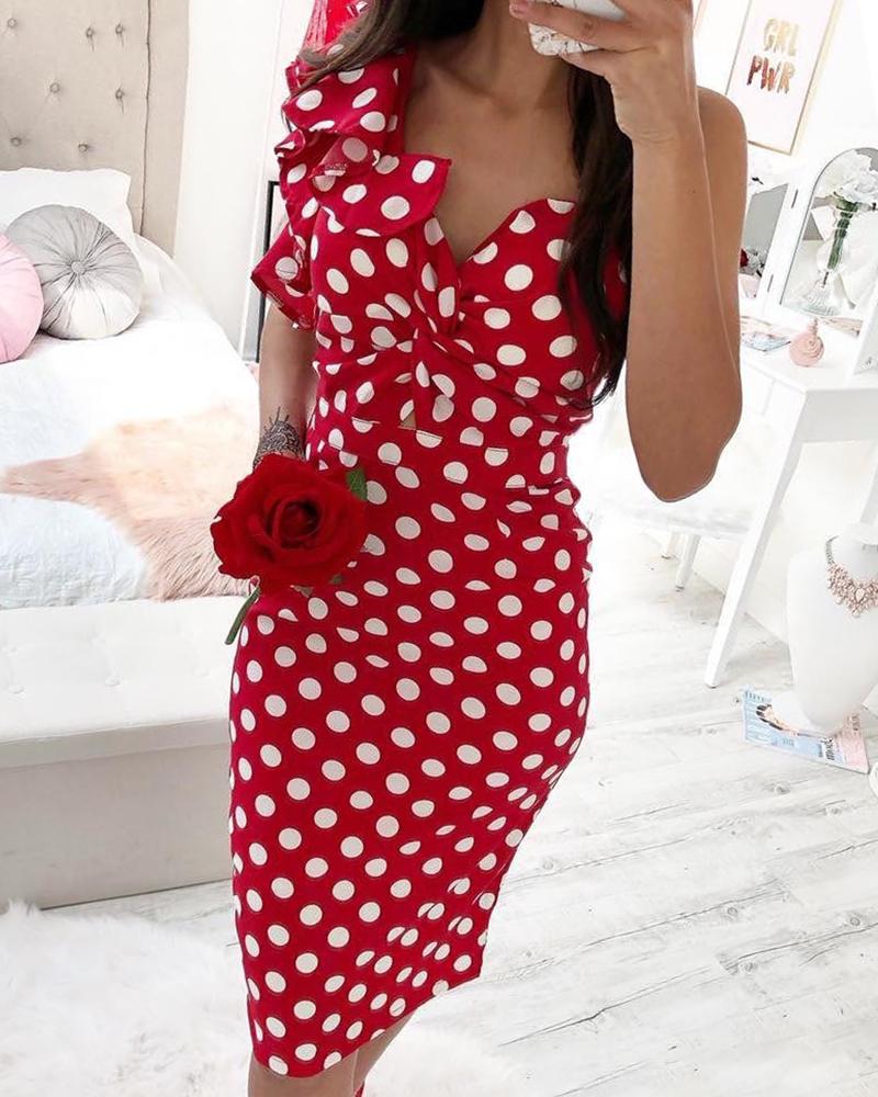 

Polka Dot Twisted Ruffles Bodycon Dress, Red