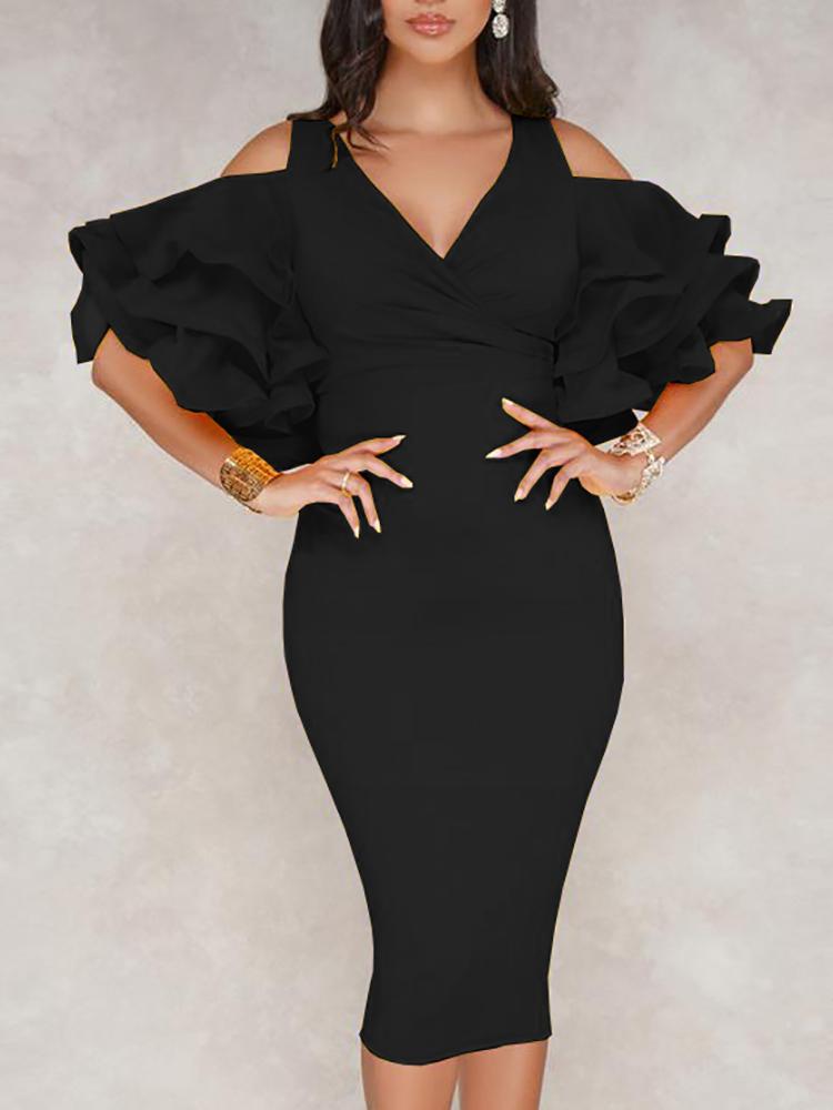 

Solid Cold Shlouder Ruffle Sleeve Midi Dress, Black