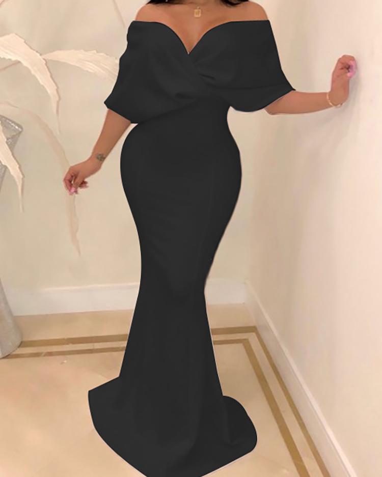 

Cross Over Neck Fishtail Evening Dress, Black