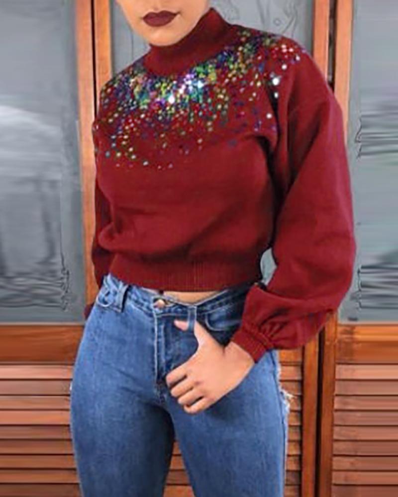

Sequins Detail Long Sleeve Casual Sweatshirt, Wine red