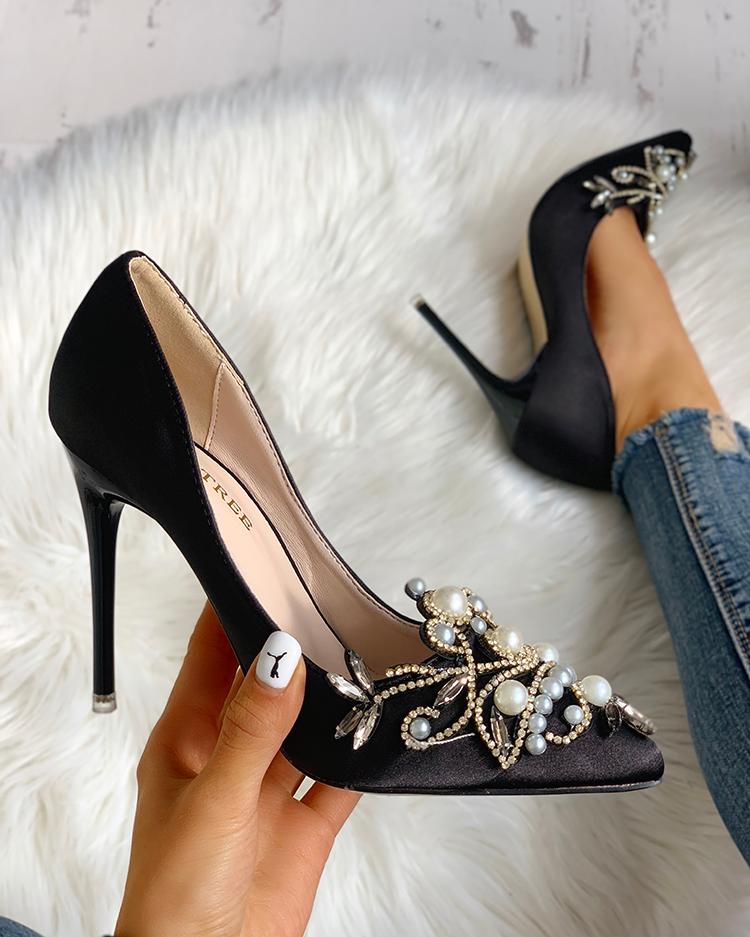 

Faux Pearl Pointed Toe Stiletto Heels, Black