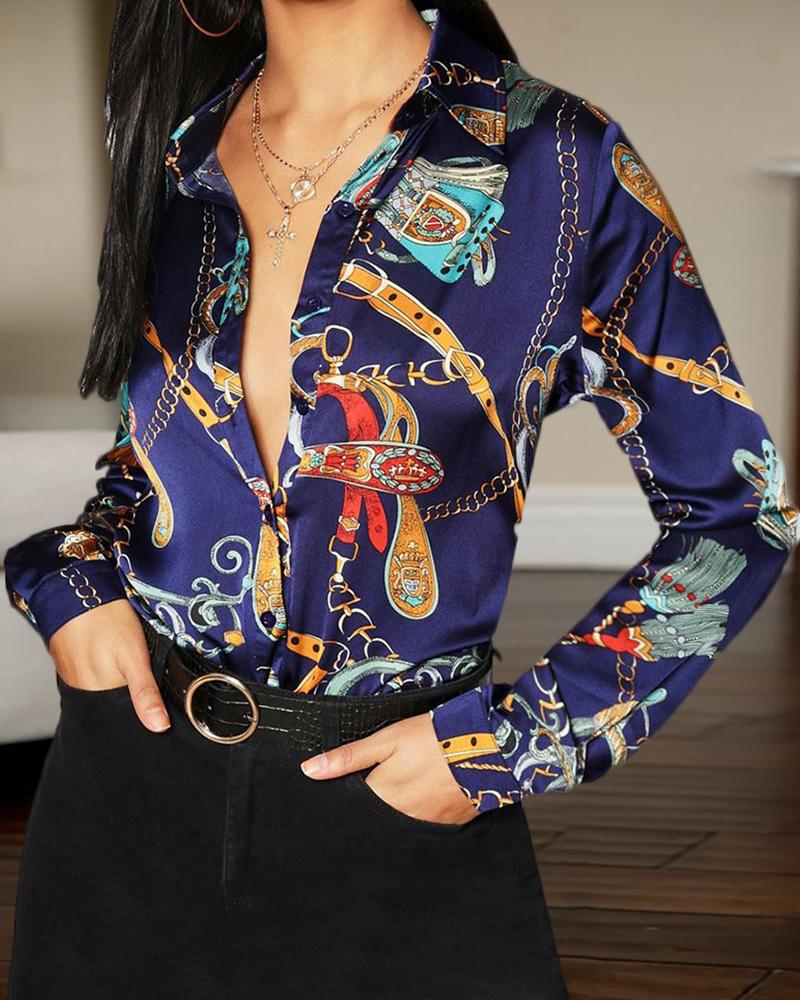 

Print Long Sleeve Casual Shirt, Purplish blue