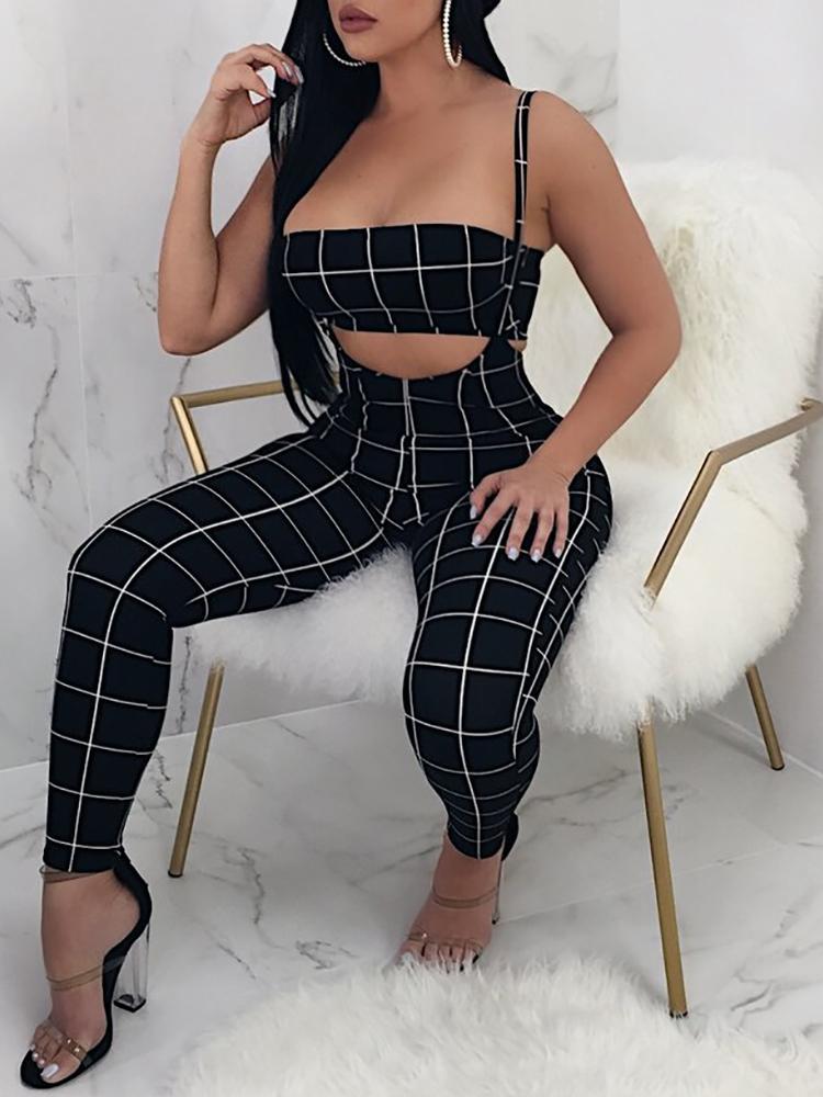 

Plaid Cropped Tube Top& Suspender Pant Sets, Black