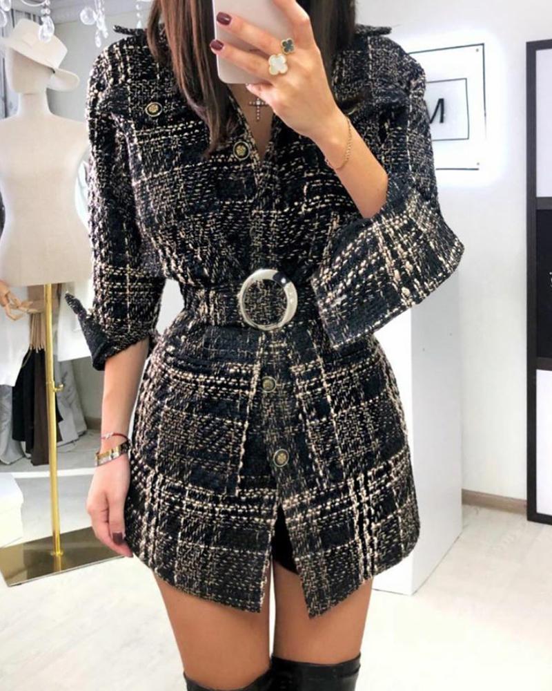 

Long Sleeve Buttoned Pocket Design Tweed Coat, Black