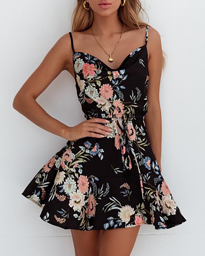 

Cowl Neck Floral Print Ruffles Skater Dress, Black