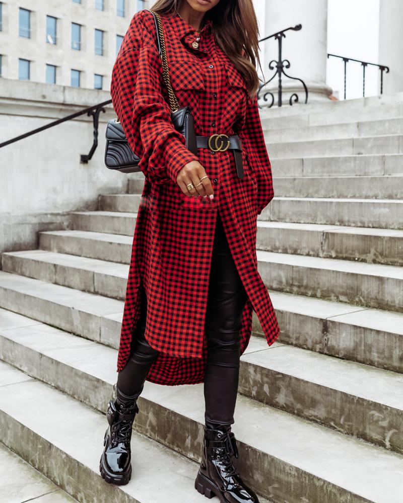 

Plaid Colorblock Button Design Shirt Dress, Red