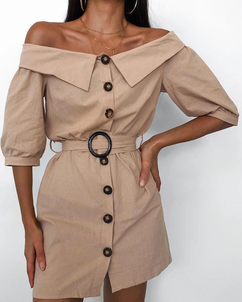 

Off Shoulder Button Through Casual Dress, Khaki