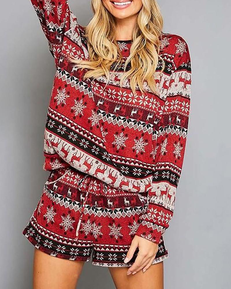 

Christmas Mixed Print Long Sleeve Top & Drawstring Shorts Set, Red