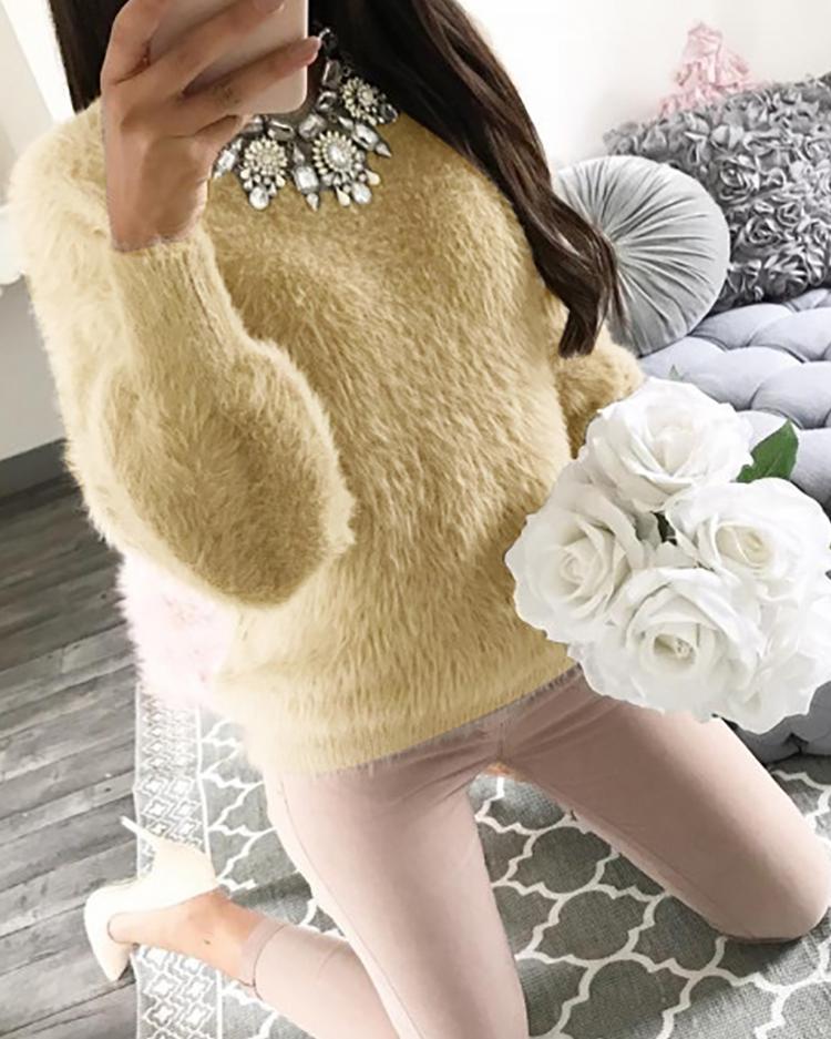 

Warm Solid Fluffy Casual Sweater - Khaki