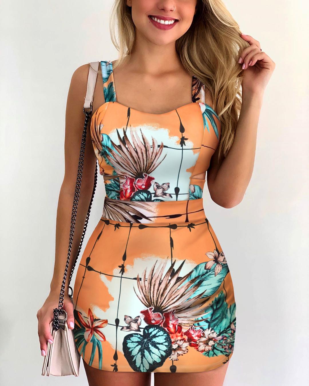 

Thin Strap Floral Print Casual Dress, Orange