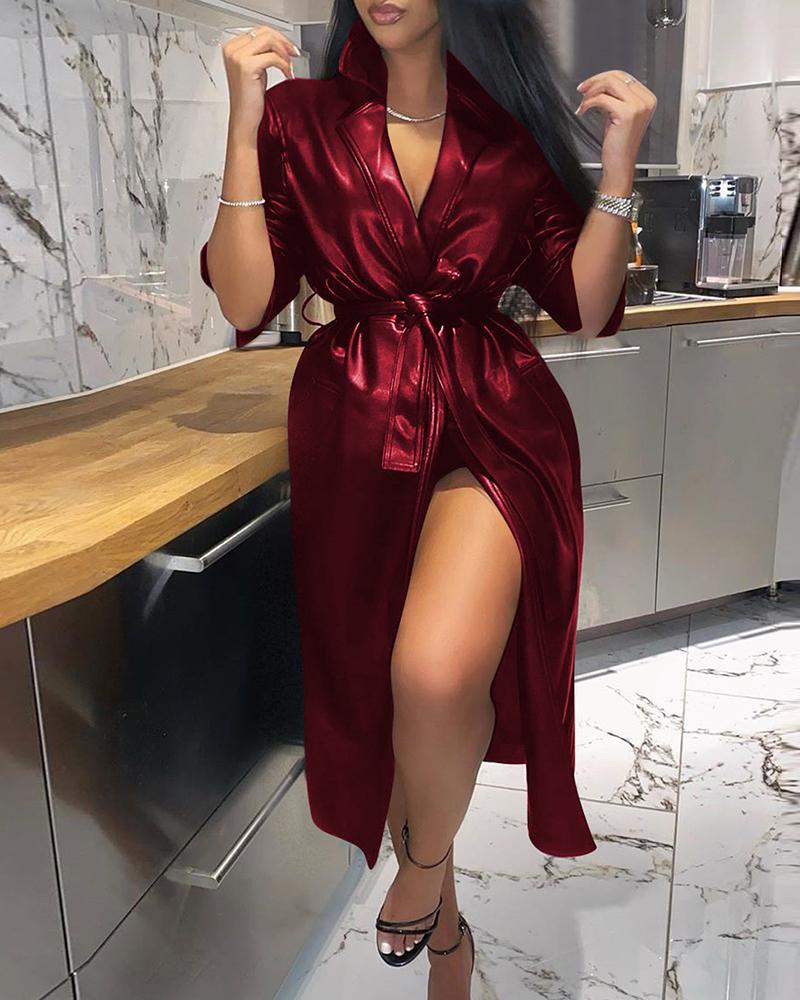 

Plain Long Sleeve PU Leather Longline Coat, Wine red