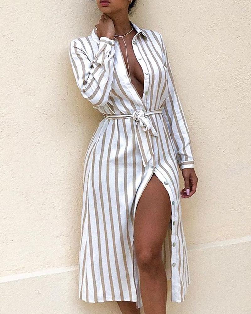 

Striped Long Sleeve Shirt Dress, Khaki