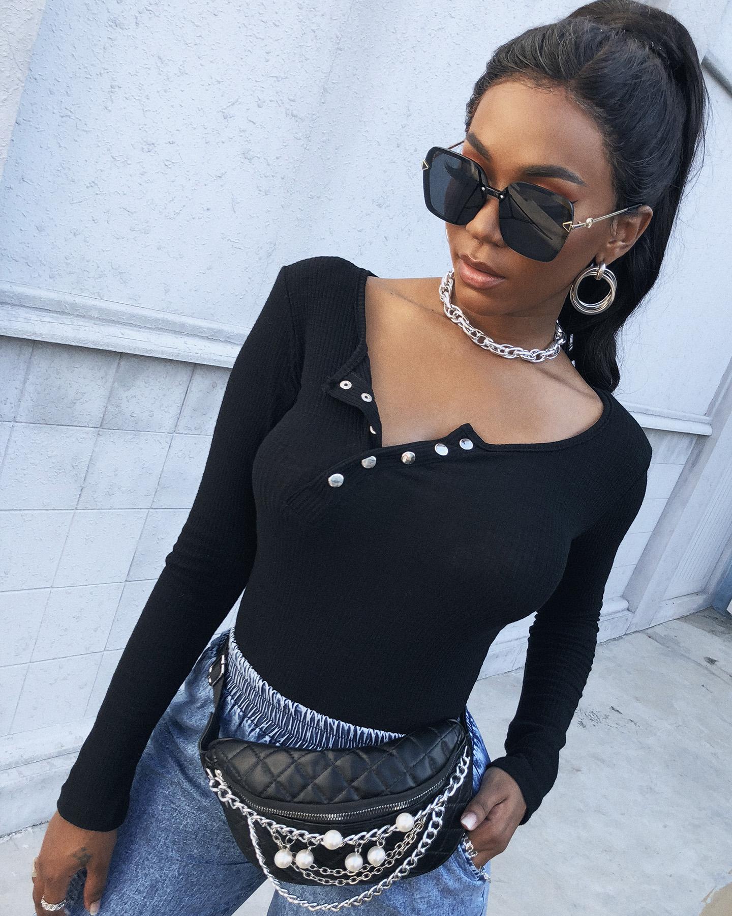 

Button Design Long Sleeve Top, Black