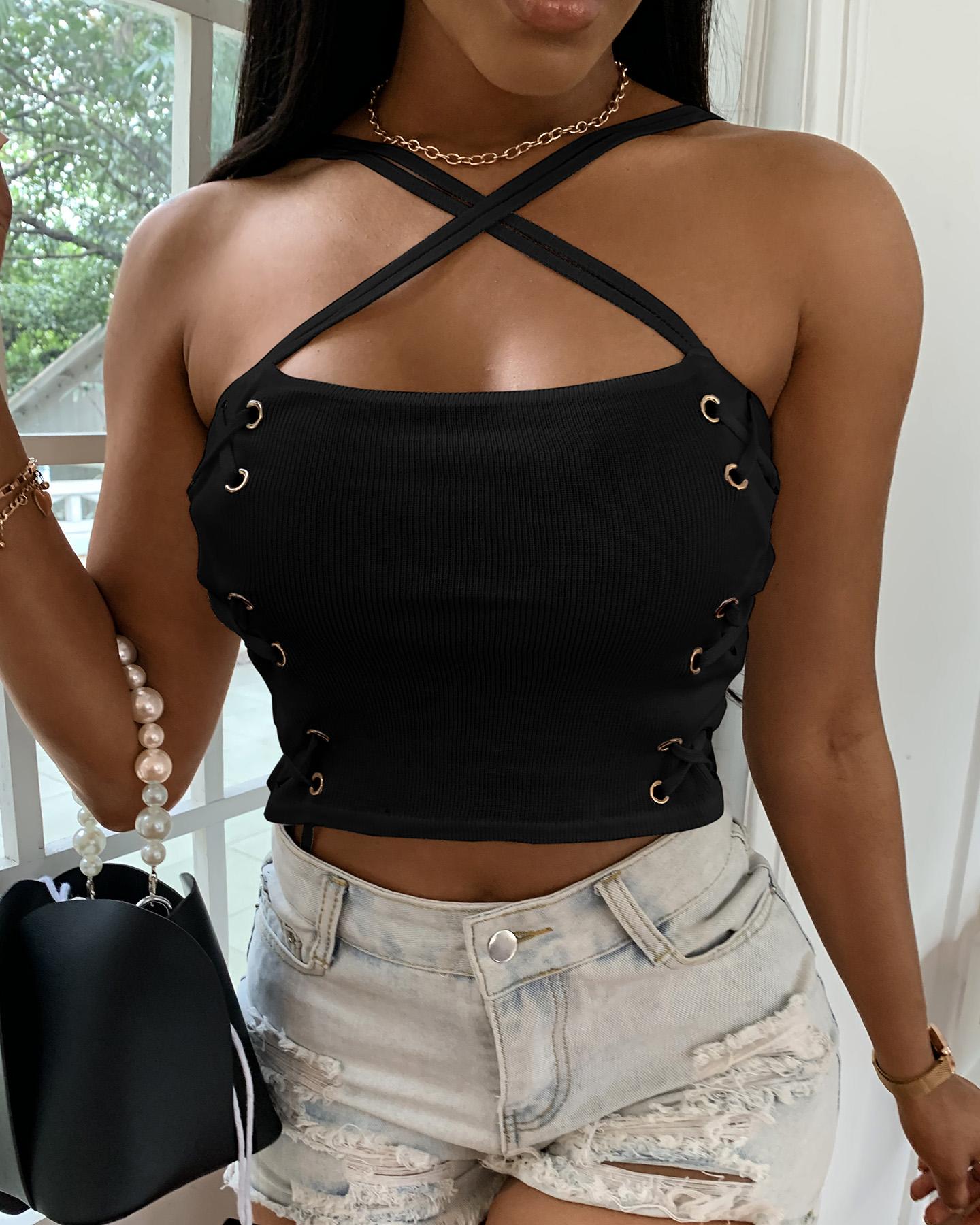 

Eyelet Lace-up Cutout Knit Crop Top, Black