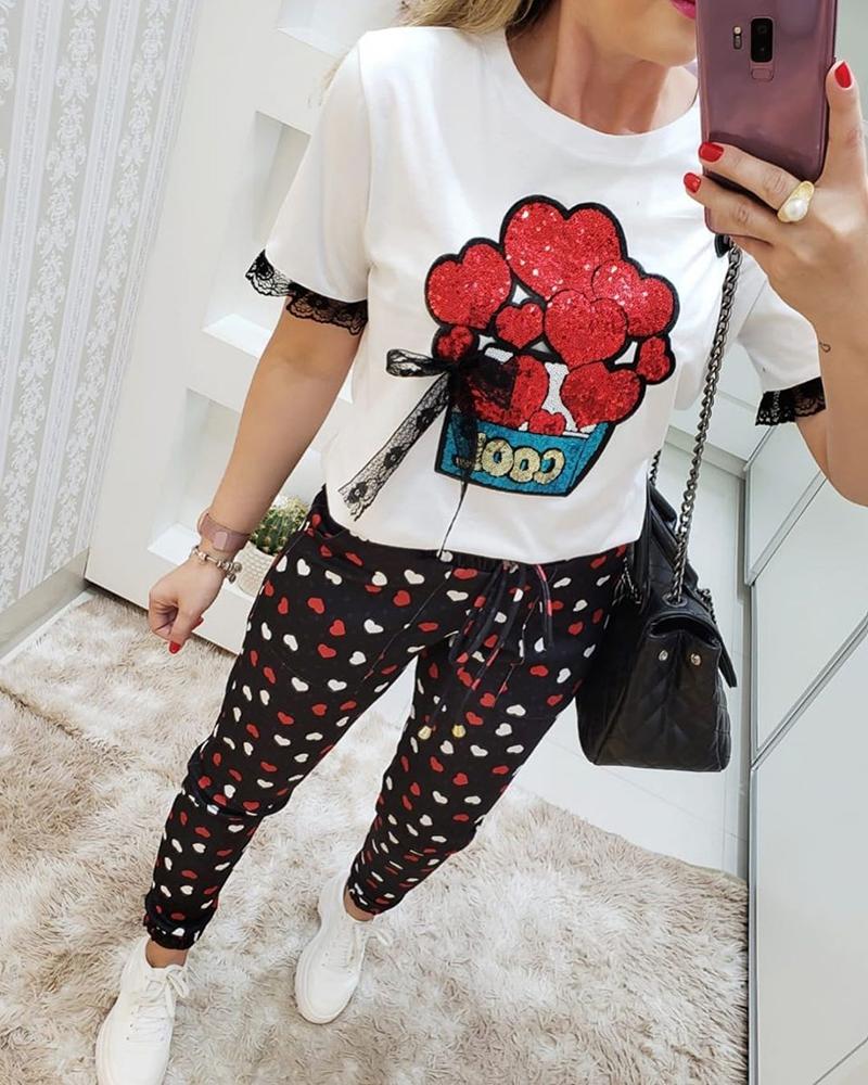 

Heart Print Bownknot Design Top & Drawstring Pant Set, White