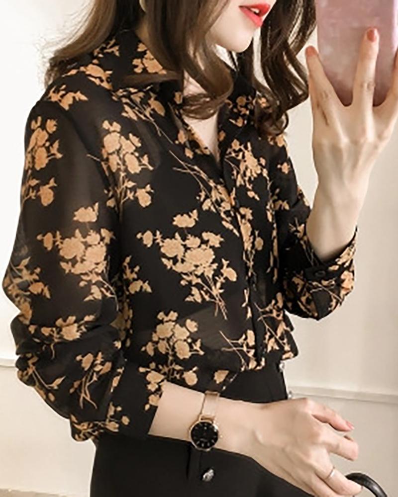 

Floral Print Long Sleeve Casual Top, Black