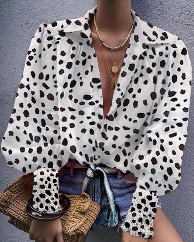 

Leopard Bishop Sleeve V Neck Shirt, White