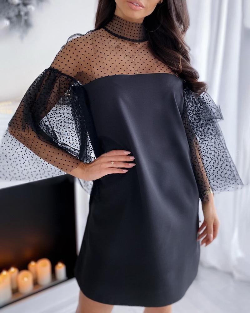 

Dot Mesh Patchwork Bell Sleeve Dress, Black