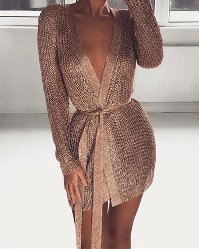 

Glitter Long Sleeve Tight Waist Dress, Pink