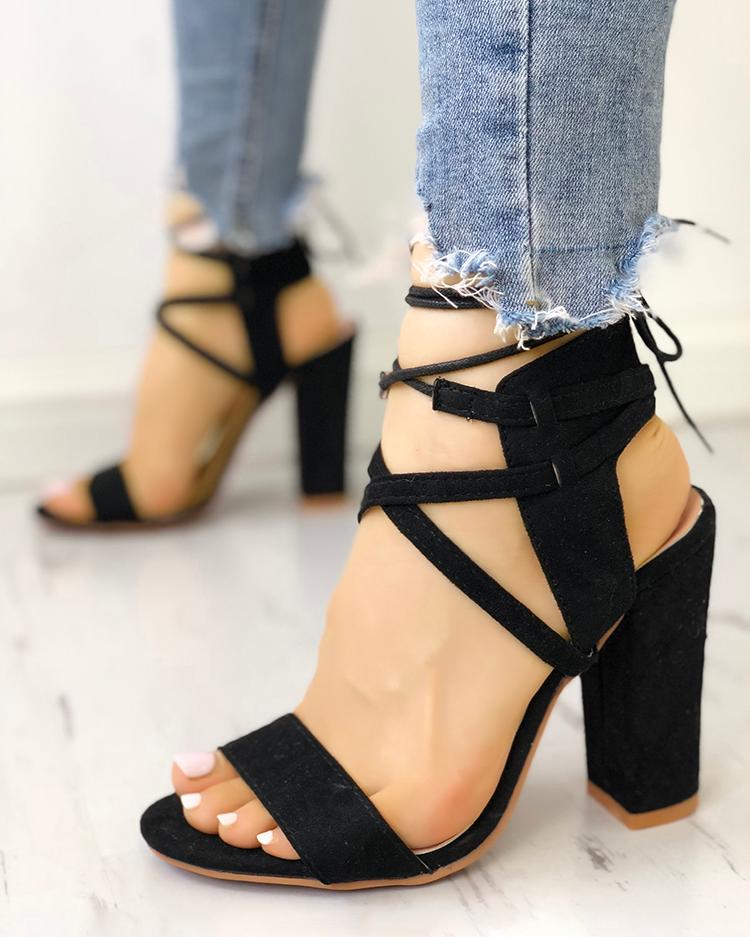 

Lace Up Open Toe Block Heels Sandals, Black