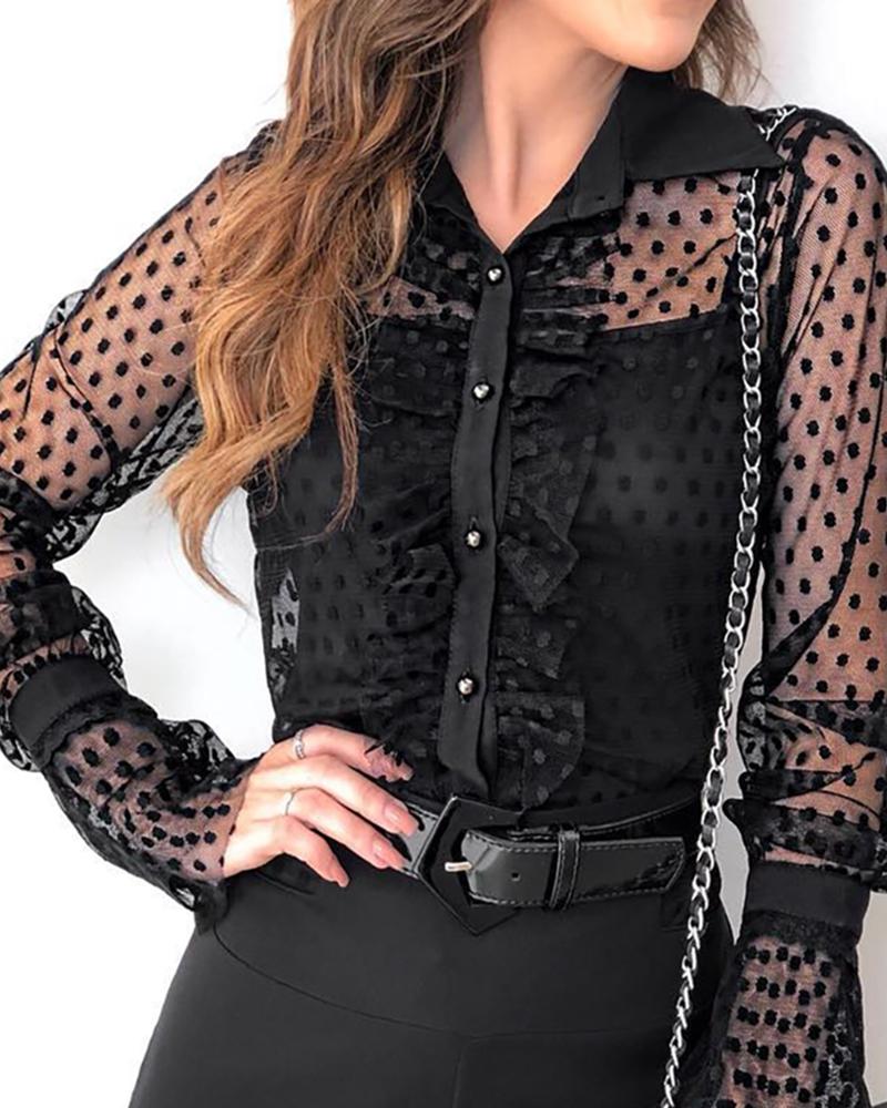 

Dot Sheer Mesh Ruffles Trim Blouse, Black