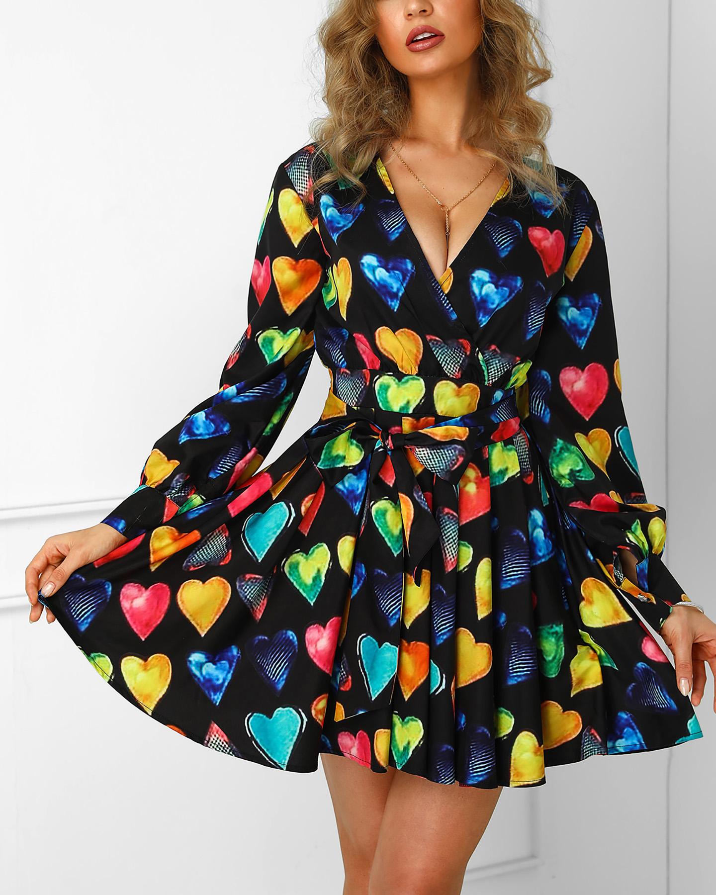 

Heart Print V-Neck Lantern Sleeve Casual Dress, Multicolor