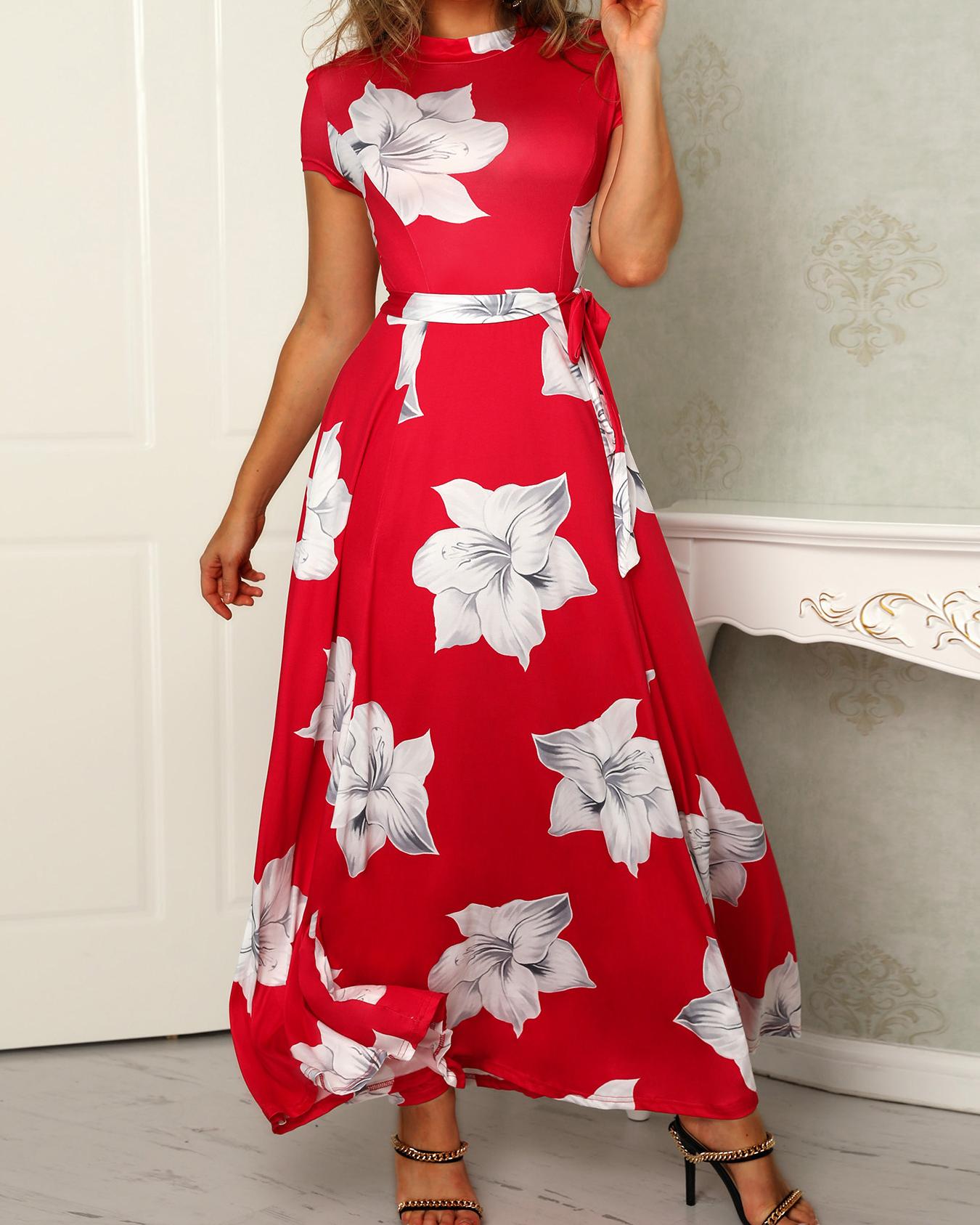 

Floral Print Mock Neck Belted Ruched Maxi Dress, Red