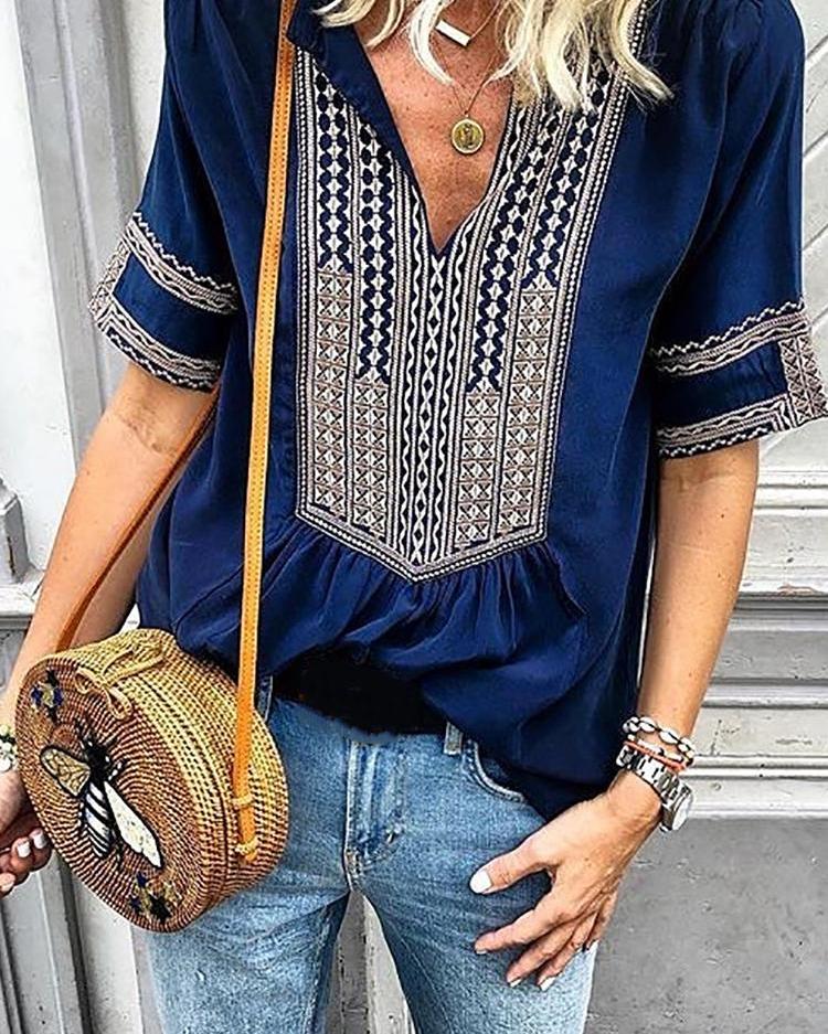 

Ethnic Print Splicing V-Neck Casual Blouse, Dark blue