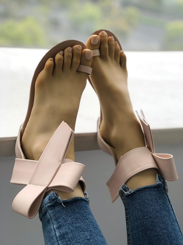 

Solid Bowknot Toe Ring Sandals, Apricot
